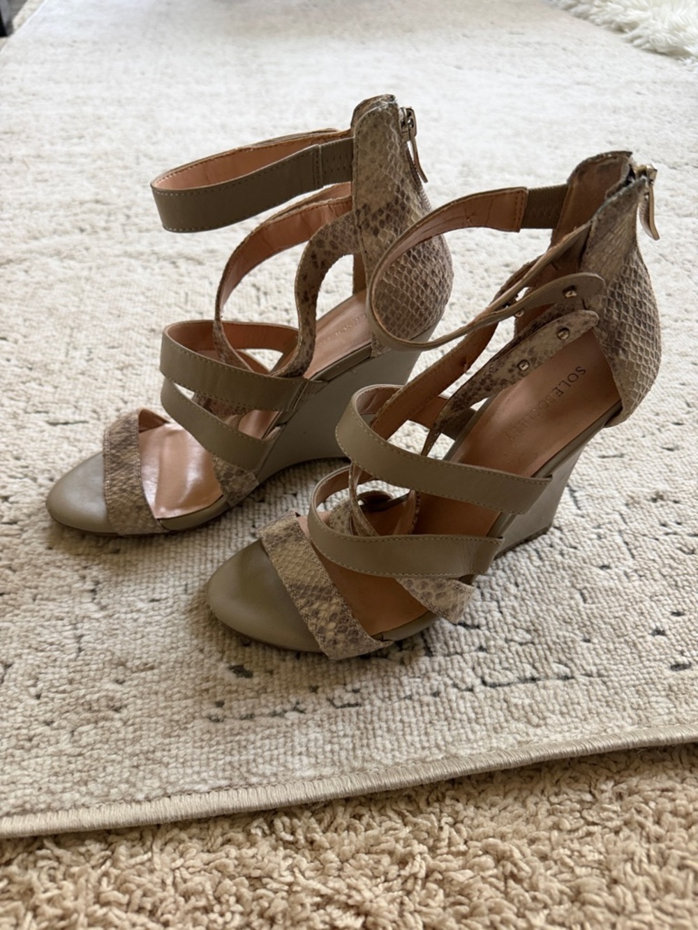Sole Society’s Snake Print Grey/Taupe Strappy Heeled Sandals